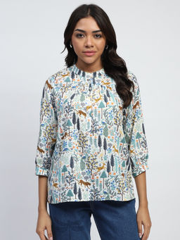 Global Republic - Cotton Blend Off White Print Mandarin Collar Top