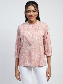 Global Republic - Cotton Blend Pink Floral Print Mandarin Collar Top