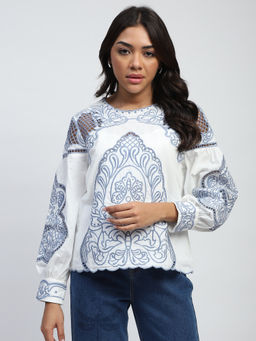 Global Republic - Cotton White Embroidered Round Neck Top