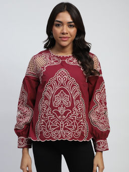 Global Republic - Cotton Wine Embroidered Round Neck Top