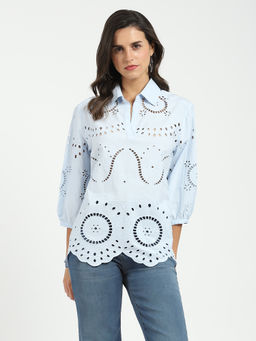 Global Republic - Blue Cotton Embroidered Collar Neck Top