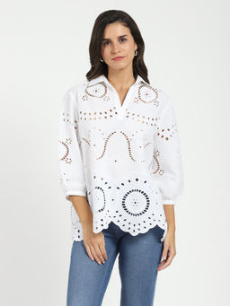 Global Republic - White Cotton Embroidered Collar Neck Top