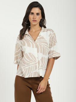 Global Republic - Beige Cotton Tropical Print Collar Neck Top