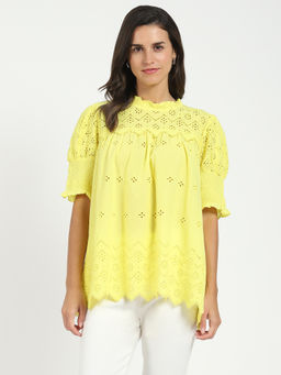 Global Republic - Yellow Cotton Embroidered Ruffled Neck Top