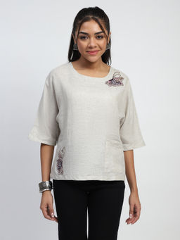 Global Republic - Grey Linen Embellished Round Neck Top