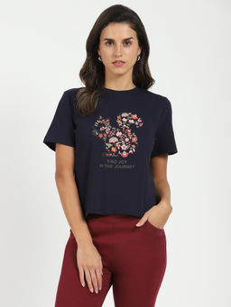 Global Republic - Navy Blue Cotton Print Round Neck T-Shirt