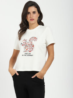 Global Republic - White Cotton Print Round Neck T-Shirt