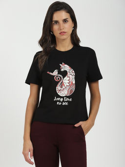 Global Republic - Black Cotton Graphic Print Round Neck T-Shirt