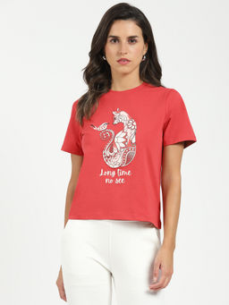 Global Republic - Red Cotton Graphic Print Round Neck T-Shirt