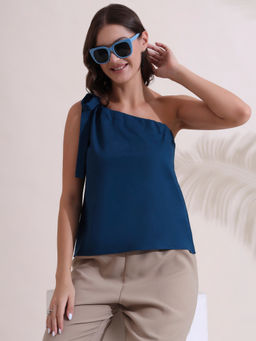 SALVIA SKY - Teal Poplin One Shoulder Top