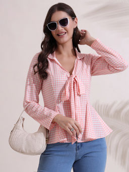 SALVIA SKY - Pink Plaid Long Sleeves Front Tie-Up Top