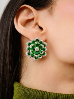 METALM - Sparkling Green American Diamonds Crystal Silver Floral Earrings