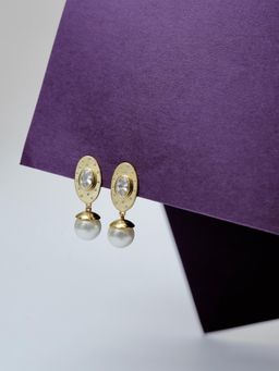 METALM - Gold Finish Pearl Drop White Stud Earrings