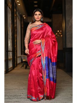 Beatitude - Pink Handwoven Dupion Raw Silk Saree with Unstitched Blouse