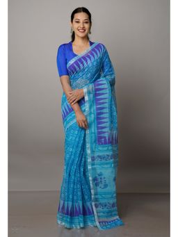 Unnati Silks - Blue Pure Block Printed Kota Cotton Saree with Unstitched Blouse