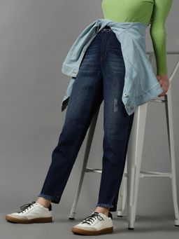 SHOWOFF - Womens Low Distress Boyfriend Fit Navy Blue Denim Jeans