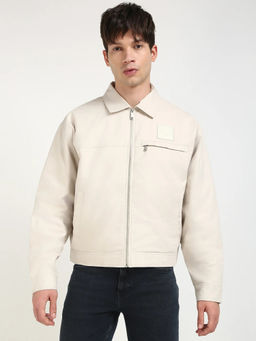 Calvin Klein - Cream Solid Relaxed Fit Cotton Jacket
