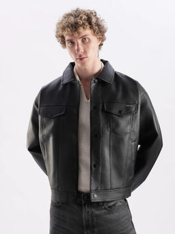 Calvin Klein - Black Solid Regular Fit Pu Jacket