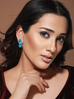 Saraf RS Jewellery - Oxidised Turquoise Blue AD Stone Studded Minimal Earring