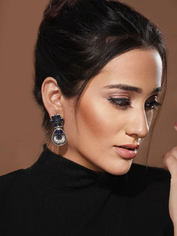 Saraf RS Jewellery - Silver Oxidised Blue Stone Studded Statement Earrings