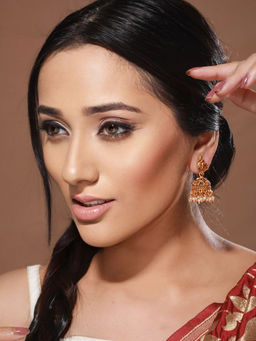 Saraf RS Jewellery - Gold Toned Red Peacock Designer Jhumka Earrings