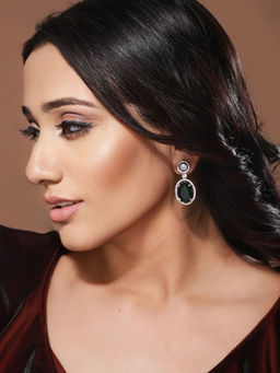 Saraf RS Jewellery - Silver Rhodium Green AD Studded Designer Drop Earrings