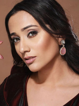 Saraf RS Jewellery - Rhodium Plated Pink Mossanite Handcrafted Drop Earrings