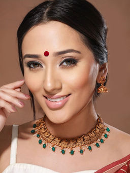 Saraf RS Jewellery - Gold Plated Green Stone Studded Peacock Temple Jewellery Set