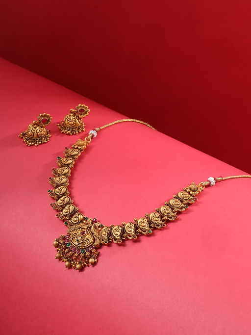 Saraf RS Jewellery Gold-Plated Red Kemp Studded Flower Temple Jewellery Set