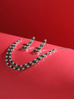 Saraf RS Jewellery - Rhodium Plated White-Green AD Double Layer Statement Jewellery Set