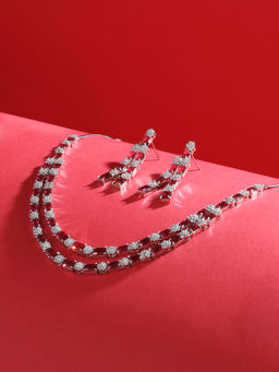 Saraf RS Jewellery - Rhodium Plated White- Red AD Studded Double Layered Designer Jewellery Set