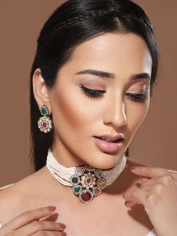 Saraf RS Jewellery - Gold-Plated Multicolored & Pearl Beaded Polki Choker Jewellery Set