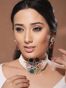 Saraf RS Jewellery - Gold-Plated Multi Stone Pearl Beaded Floral Choker Jewellery Set