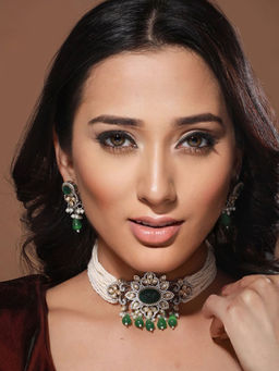 Saraf RS Jewellery - White & Green Studded Pearl Beaded Multistrand Handcrafted Choker Jewellery Set