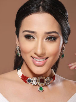 Saraf RS Jewellery - Multi Colored Victorian Dual Tone Stone Studded Jewellery Set