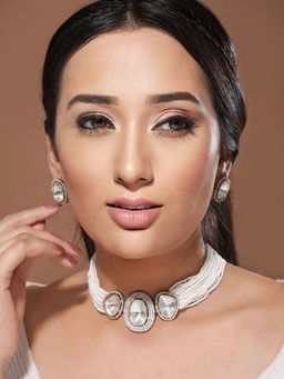 Saraf RS Jewellery - Gold Tone White Moissanite AD Studded Pearl Beaded Statement Choker Jewellery Set