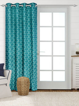 Saral Home - Noor Cotton Teal Printed Room Darkening Curtain (4x7 Feet)