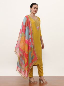 Jaipur Kurti - Yellow Embroidered Kurta, Pant with Dupatta (Set of 3)
