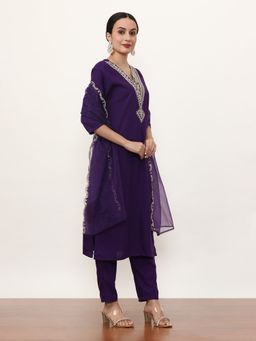 Jaipur Kurti - Purple Embroidered Kurta, Pant with Dupatta (Set of 3)