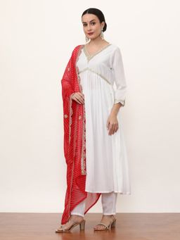 Jaipur Kurti - Red Embroidered Kurta, Pant with Dupatta (Set of 3)