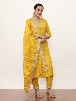 Jaipur Kurti - Yellow Embroidered Kurta, Pant with Dupatta (Set of 3)