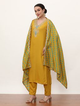 Jaipur Kurti - Mustard Embroidered Kurta, Pant with Dupatta (Set of 3)