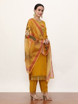Jaipur Kurti - Mustard Embroidered Kurta, Pant with Dupatta (Set of 3)
