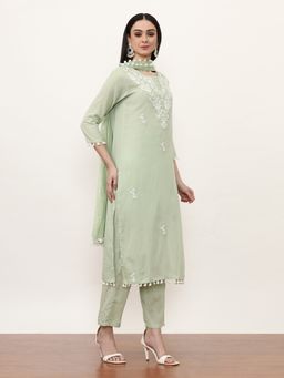 Jaipur Kurti - Green Embroidered Kurta, Pant with Dupatta (Set of 3)