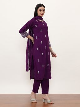 Jaipur Kurti - Purple Embroidered Kurta, Pant with Dupatta (Set of 3)