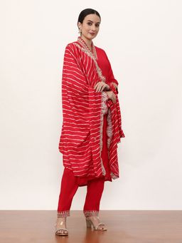 Jaipur Kurti - Red Embroidered Kurta, Pant with Dupatta (Set of 3)
