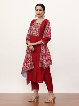 Jaipur Kurti - Maroon Embroidered Kurta, Pant with Dupatta (Set of 3)