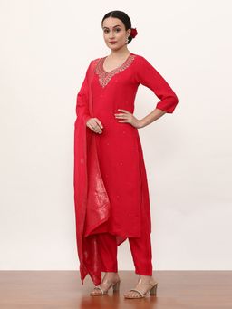 Jaipur Kurti - Red Embroidered Kurta, Pant with Dupatta (Set of 3)