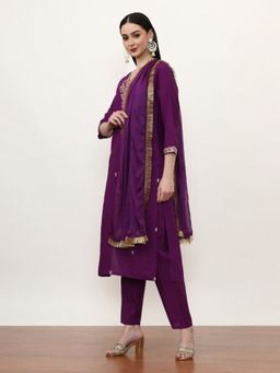 Jaipur Kurti - Purple Embroidered Kurta, Pant with Dupatta (Set of 3)