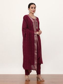 Jaipur Kurti - Maroon Embroidered Kurta, Pant with Dupatta (Set of 3)